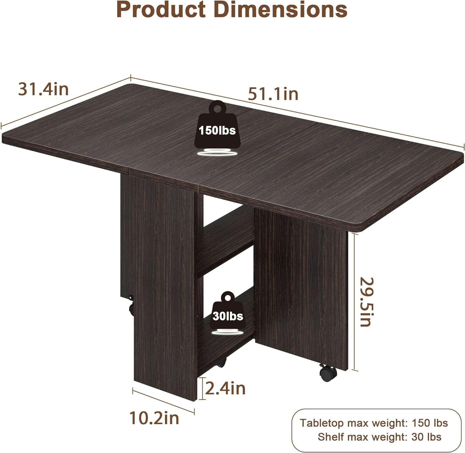 GAOMON Space-Saving Folding Dining Table with Drop Leaf, 6 Wheels & 2-Layer Storage Shelf, Versatile Table for Small Apartments, Dark Walnut