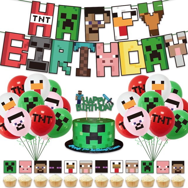 1 Set Birthday Party Decorations For Boys,Video Gaming Style Party Balloon Happy Birthday Decorations, Pixel Theme Balloon And Cake With Flag, Birthday Party Supplies