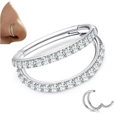 G23 Titanium Nose Rings Hoops 16G 18G Double Hoop Septum Click Nose Rings Lip Rook Lobe Tragus Helix Cartilage Daith Conch Earrings Clear CZ Paved Nose Piercing Jewelry for Women Men Silver,Double Lay