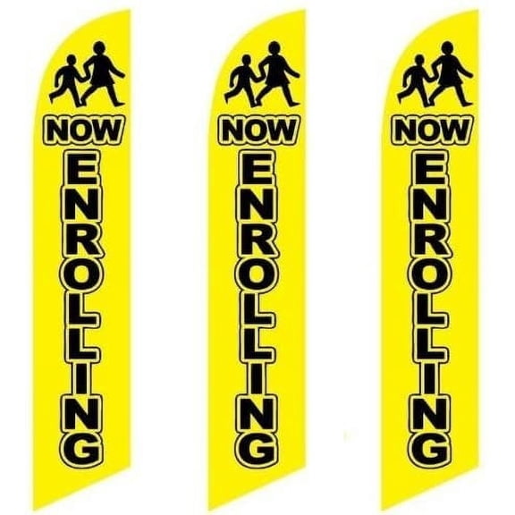 Three 3 Pack Full Sleeve Swooper Flags NOW ENROLLING Yellow Black w Children