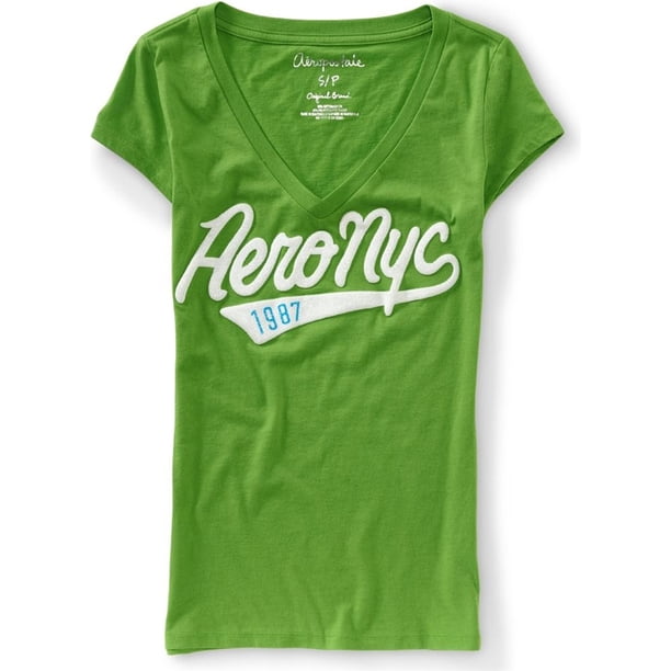 Camiseta Gráfica Aeropostale con Cuello en V Mujer Pintura de Hojaldre Brillante Verde Pequeña