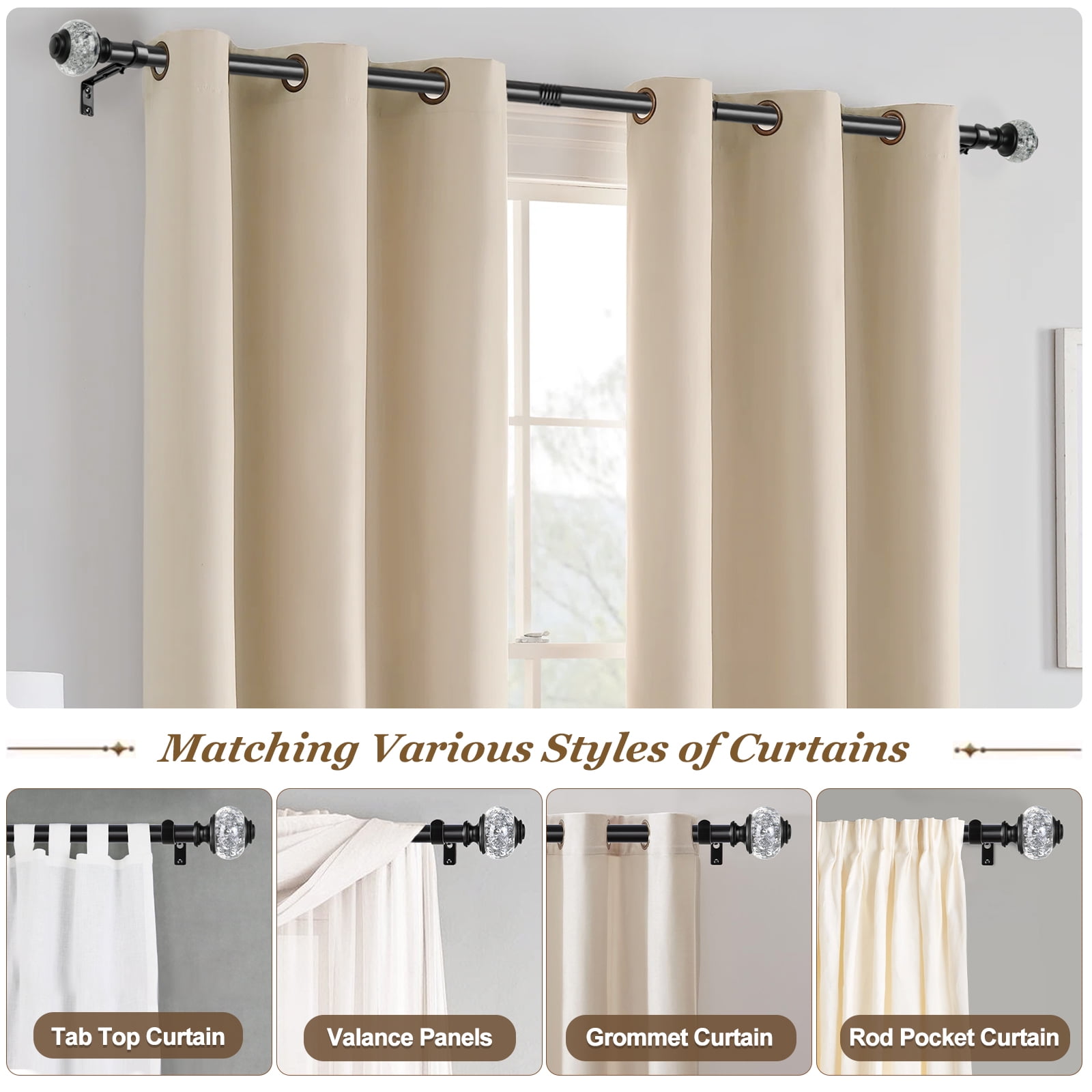 KAMANINA 7/8" Adjustable Single Curtain Rod with Translucent Finial, 28 - 48", Black