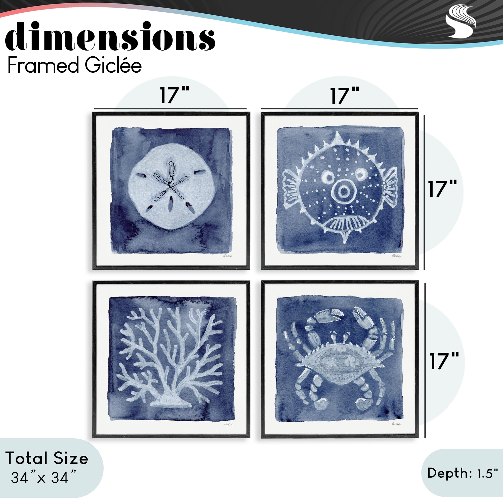 Stupell Industries Aquatic Creatures on Indigo 4 Piece Black Framed Giclee Art Set, design by Patti Bishop
