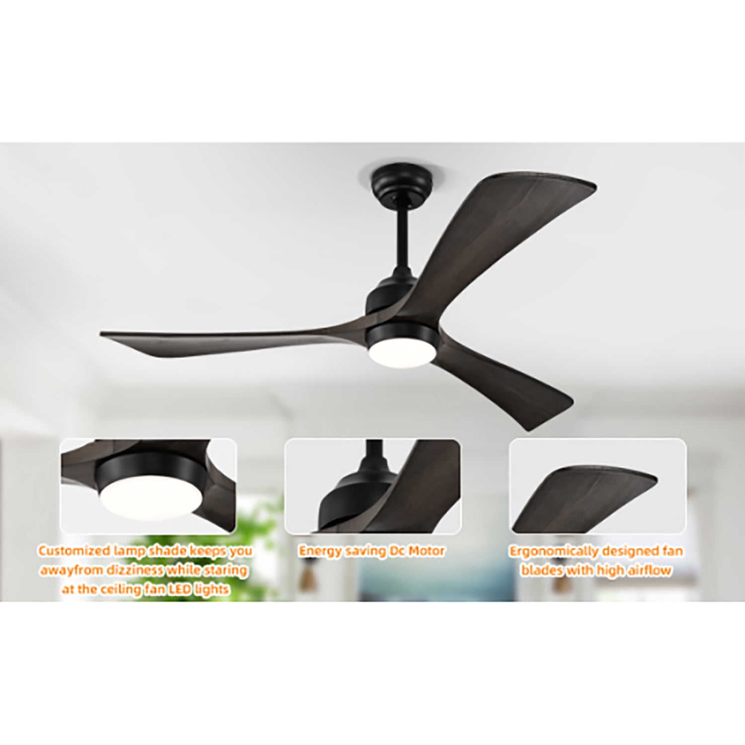 Spaco 52" Ceiling Fan, Indoor/Outdoor Ceiling Fans with Lights and Remote, Quiet DC Motor 3 Blade Ceiling Fans 6 Speed Levels for Bedroom Living Room Patio, Black