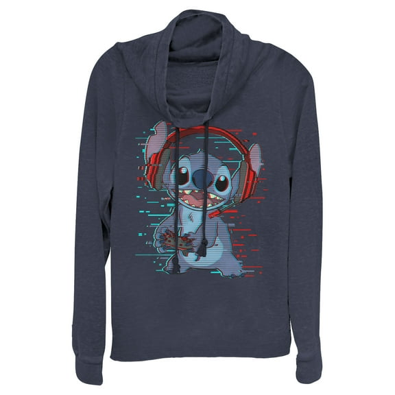 Junior's Lilo & Stitch Red and Blue Gamer Cowl Neck Sweatshirt Navy Blue X Small