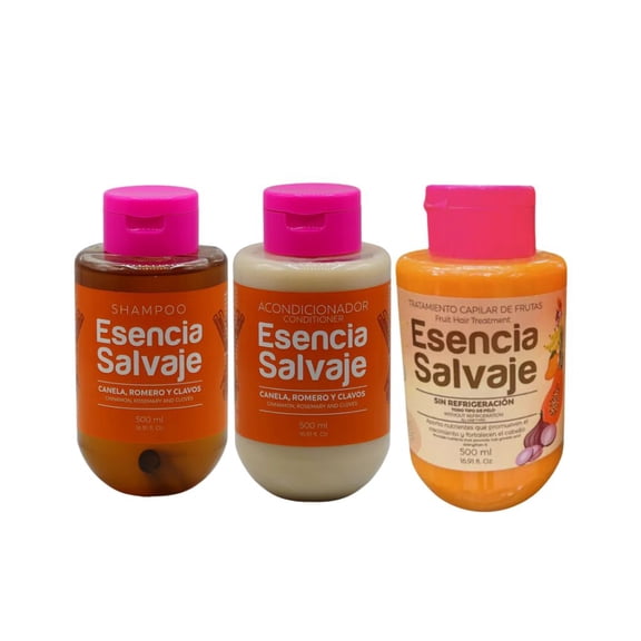 Esencia Salvaje Shampoo de Canela, Acondicionador de Canela y Tratamiento Capilar de Frutas (3 Pack)