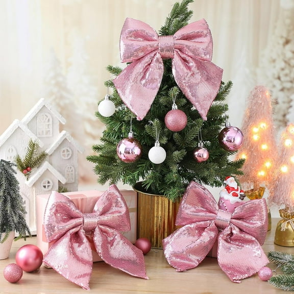 3 Pack 10x8 Inch Glitter Christmas Bows Decorations, Christmas Tree Topper Wreath Bow Sparkly Ornaments Sequin Bowknot for Trees, Wreaths, Garlands, Doors & Windows