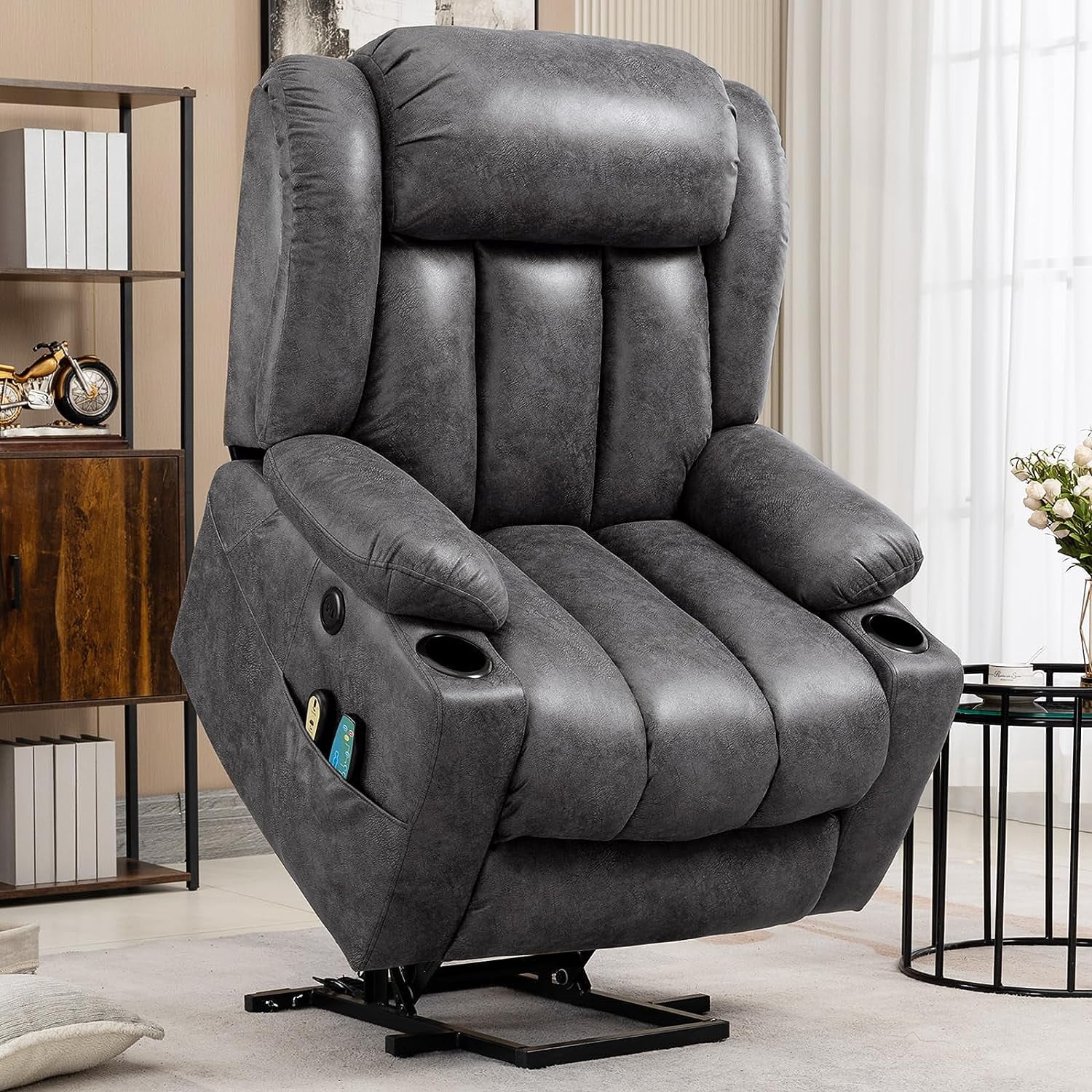 VIVIJASON Tall Man Large Power Lift Recliner Chair with Heat and Massage for Elderly, Overstuffed Wide Electric Lift Recliner with 2 Cup Holder, Extended Footrest, Side Pockets & USB Ports (Grey)