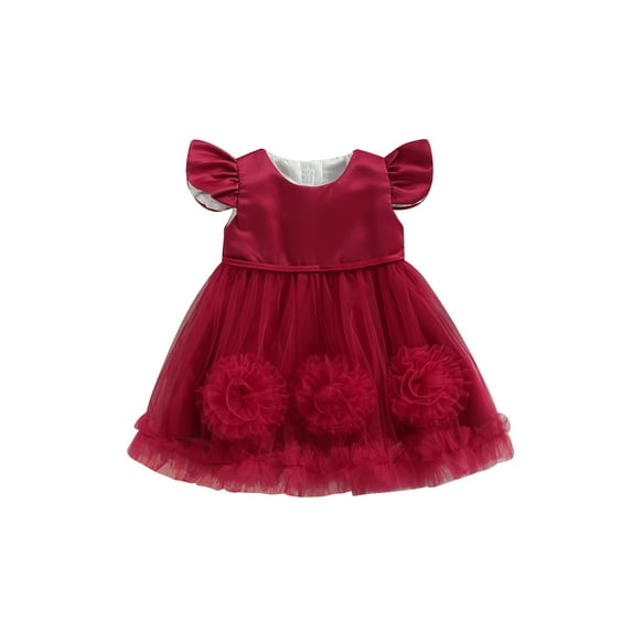 Bagilaanoe Toddler Baby Girl Princess Dress 0-5 Years Flower Girl Dress Fly Sleeve 3D Flower Mesh Yarn A-line Party Wedding Dress