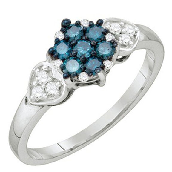 Dazzlingrock Collection 0.36 Carat (ctw) 10k Blue & White Diamond Ladies Cluster Flower Right Hand Ring, White Gold