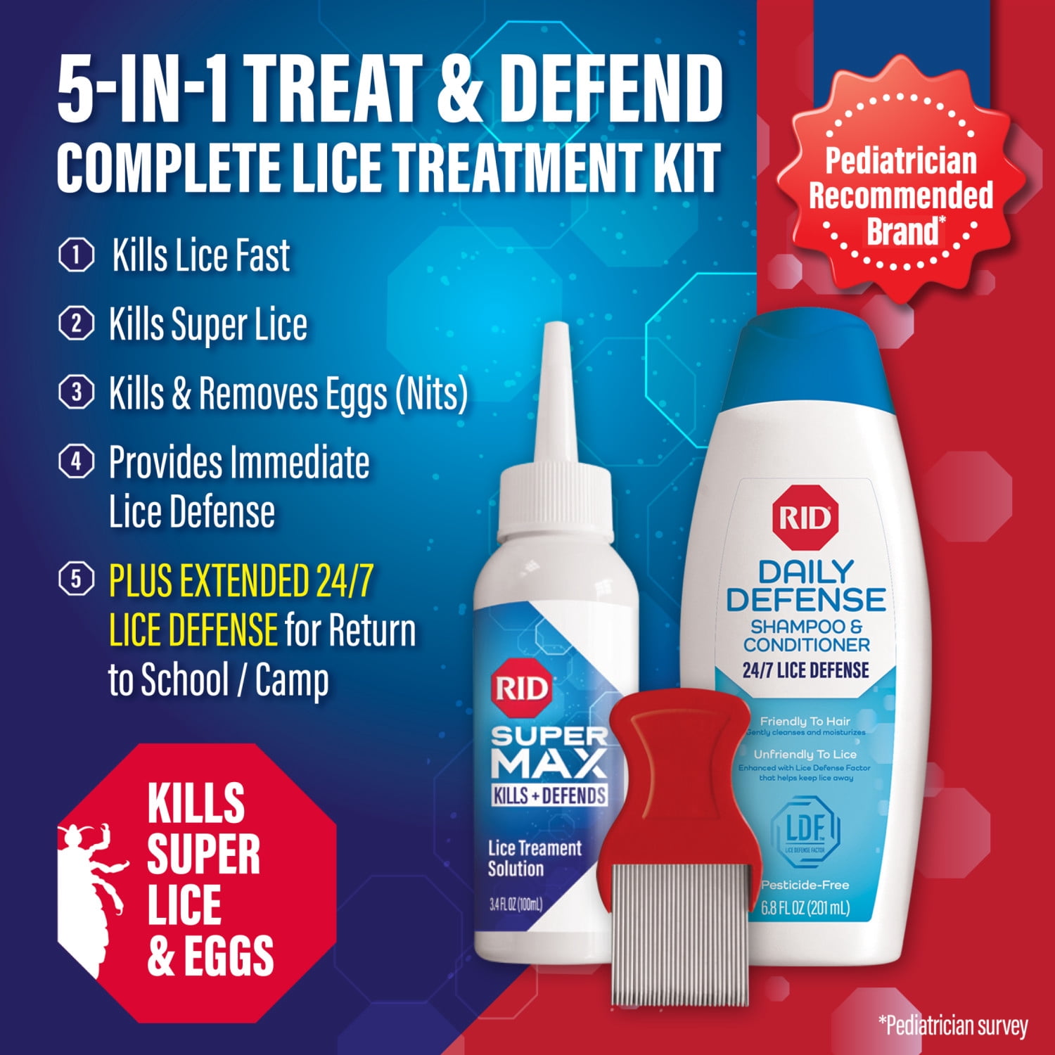 RID Super Max 5-in-1 Complete Lice Treatment Kit Kills Super Lice & Eggs + 24/7 Lice Defense