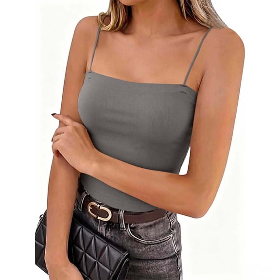 V Neck Tank Tops Women's Spaghetti Strap Crop Cami Top, Square Neck Slim Fits Basic Tanks, Summer Lightweight Comfy Camisole Gray XXL