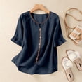 thumbnail image 2 of Chuancc Women's Cotton Linen Tops,Cowgirl Western Outfits Womens Collared Shirt Y2k Tops Dress Shirts for Women Summer Boho T Shirts Linen Cotton Short Sleeve Blouses Navy L, 2 of 4