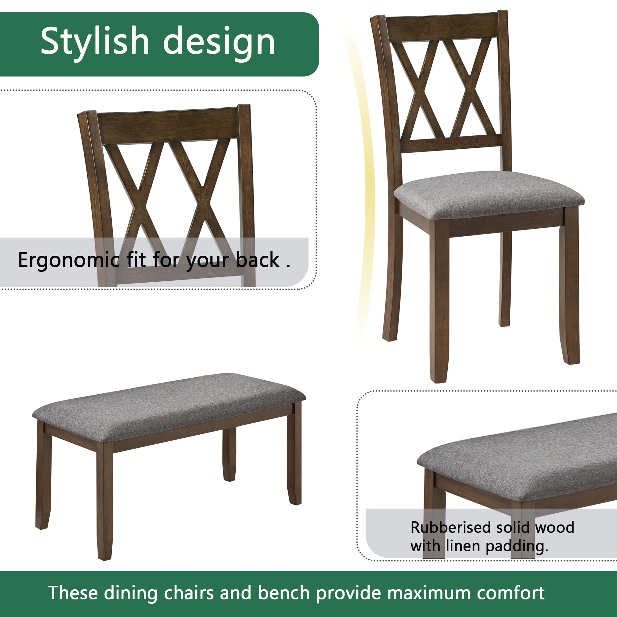 BSHTI 58.5" Acacia Wood & MDF 6-Piece Dining Table Set with Vertical X-Back Upholstered Chairs and Bench for Dining Room(Walnut)