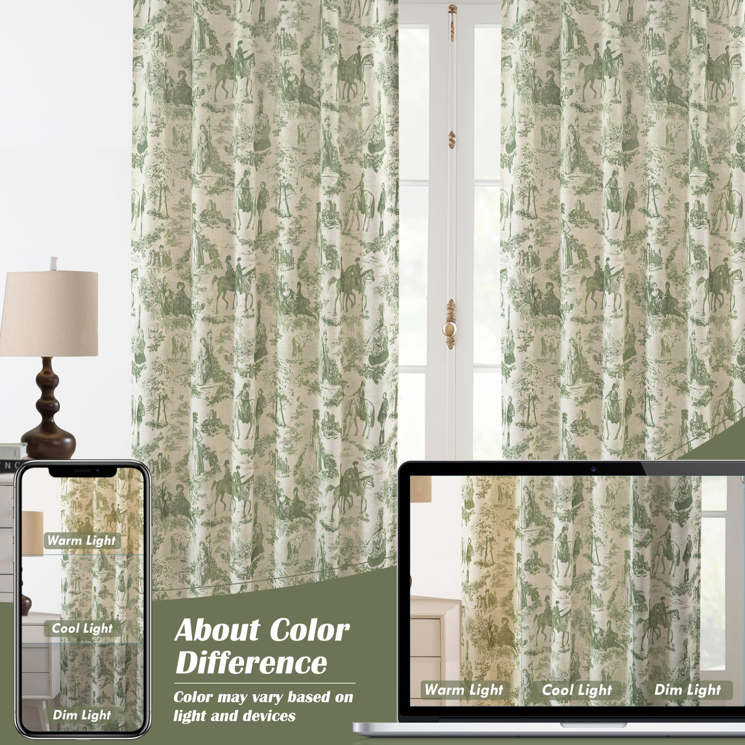 DriftAway 100% Blackout Toile Linen Curtains for Bedroom Double Layer Farmhouse French Country Vintage Printed Pattern Thermal Sound Lined Back Tab Drapes 96 inch Long 2 Panels Loden Green