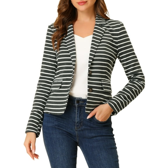 INSPIRE CHIC Women's Notched Lapel Long Sleeves Button Striped Blazer XL Grey White