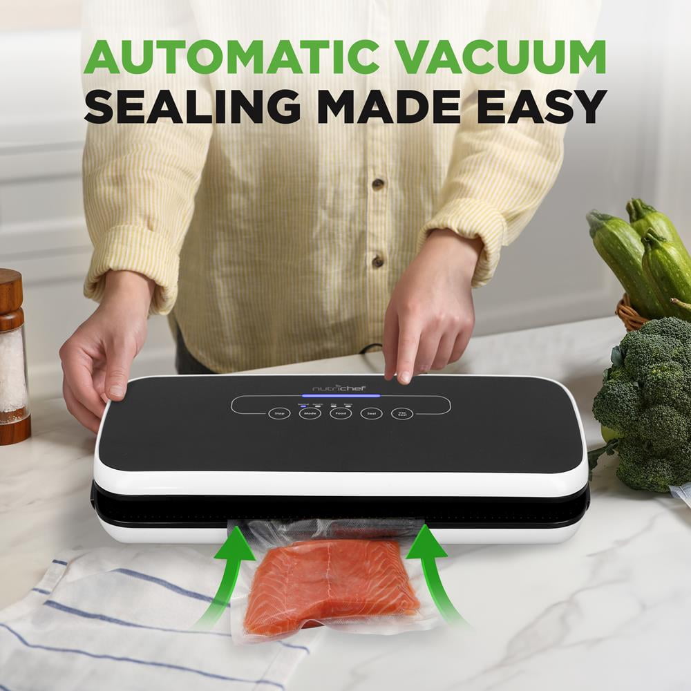NutriChef Automatic Food Vacuum Sealer, Electric Air Sealing System for Dry & Moist Foods, LED Controls, Strong Suction, Includes Bags, Wine Stopper & Hose