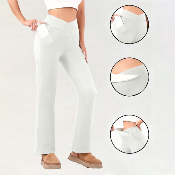 ZHYou Women Fleece Lined Yoga Pants,Microflare,High Waist,Stretchy,Warm Casual Athletic Trousers,Tummy Control,Comfort Lounge Pants,White,Size S