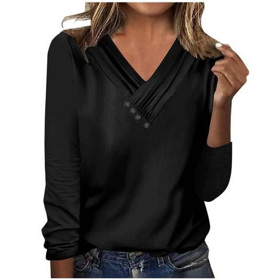Busydd Womens Tops Fall Fashion Solid Color Button Up Blouses Casual V Neck Long Sleeve Shirts for Women Pleated Loose Going Out Tops Comfort Versatile Tee Tops