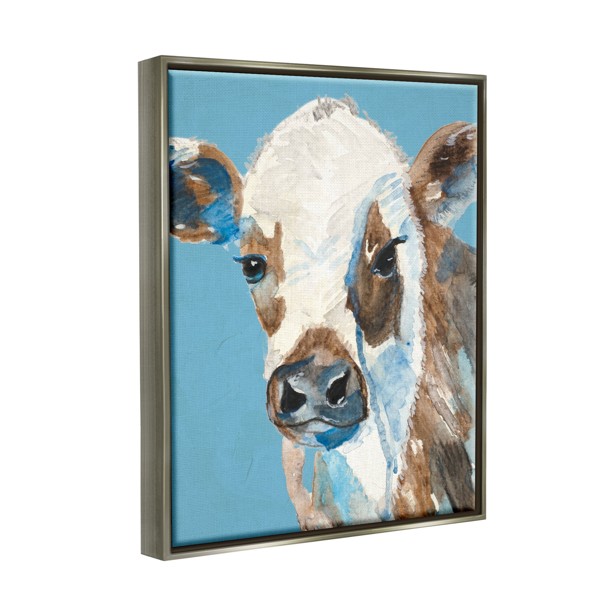 Stupell Industries Cow with Blue Background Animals & Insects Painting Gray Floater Framed Art Print Wall Art, 17 x 21