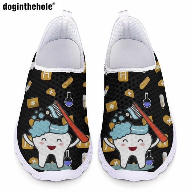 Doginthehole - Zapatos de enfermera informales para mujer, zapatos planos con estampado dental Kawaii, cómodos, transpirables, de malla, para verano