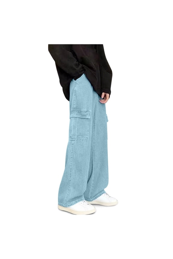 Men's Casual Cowboy Pants Drawstring Elastic Waist Pockets Comfortable Soft Stylish Leisure Wear Outdoor Daily Use Perfect for Spring Summer Activities Blue L