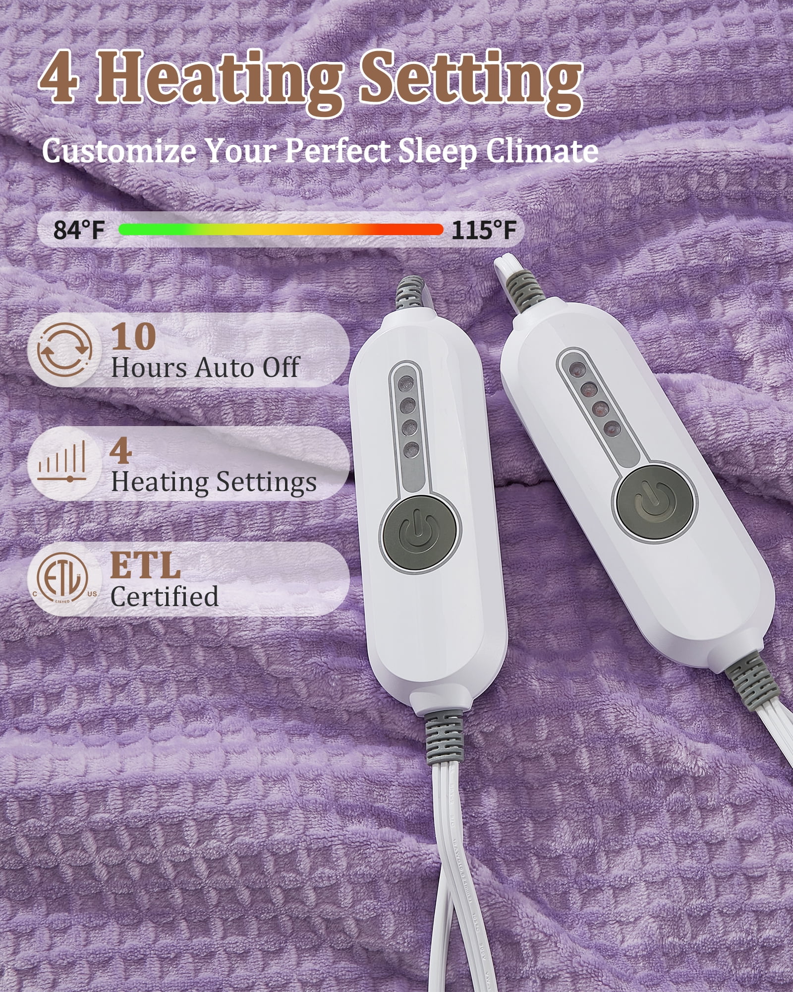 Heated Blanket Queen Size 84"x90", Waffle Electric Blanket with Dual Control, 4 Heating Levels & 10 Hours Auto Off, Machine Washable, Violet