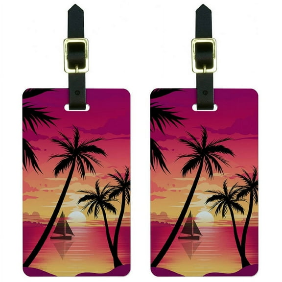 Beach Sunset Palm Tree Sail Boat Vacation Luggage Tags Suitcase ID, Set of 2