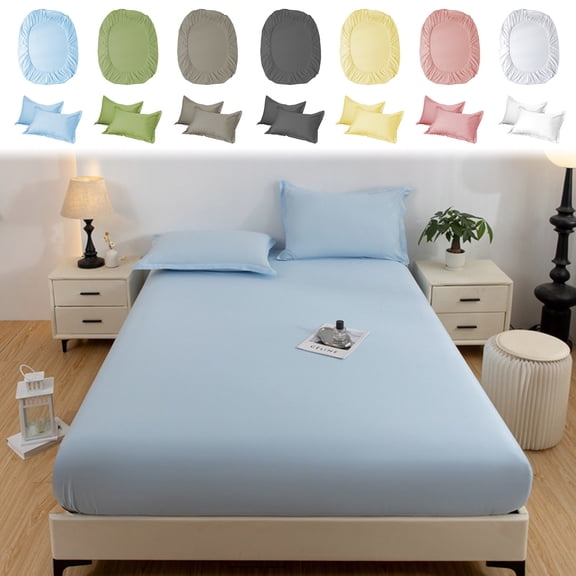 Yyuenw Bed Cover Set, Solid Color Washed Fitted Sheet Piece with 2 Pillow Protectors (30x19-inch), Mattress Pad Ash Proof Protective Cover, Bed Sheet Cover