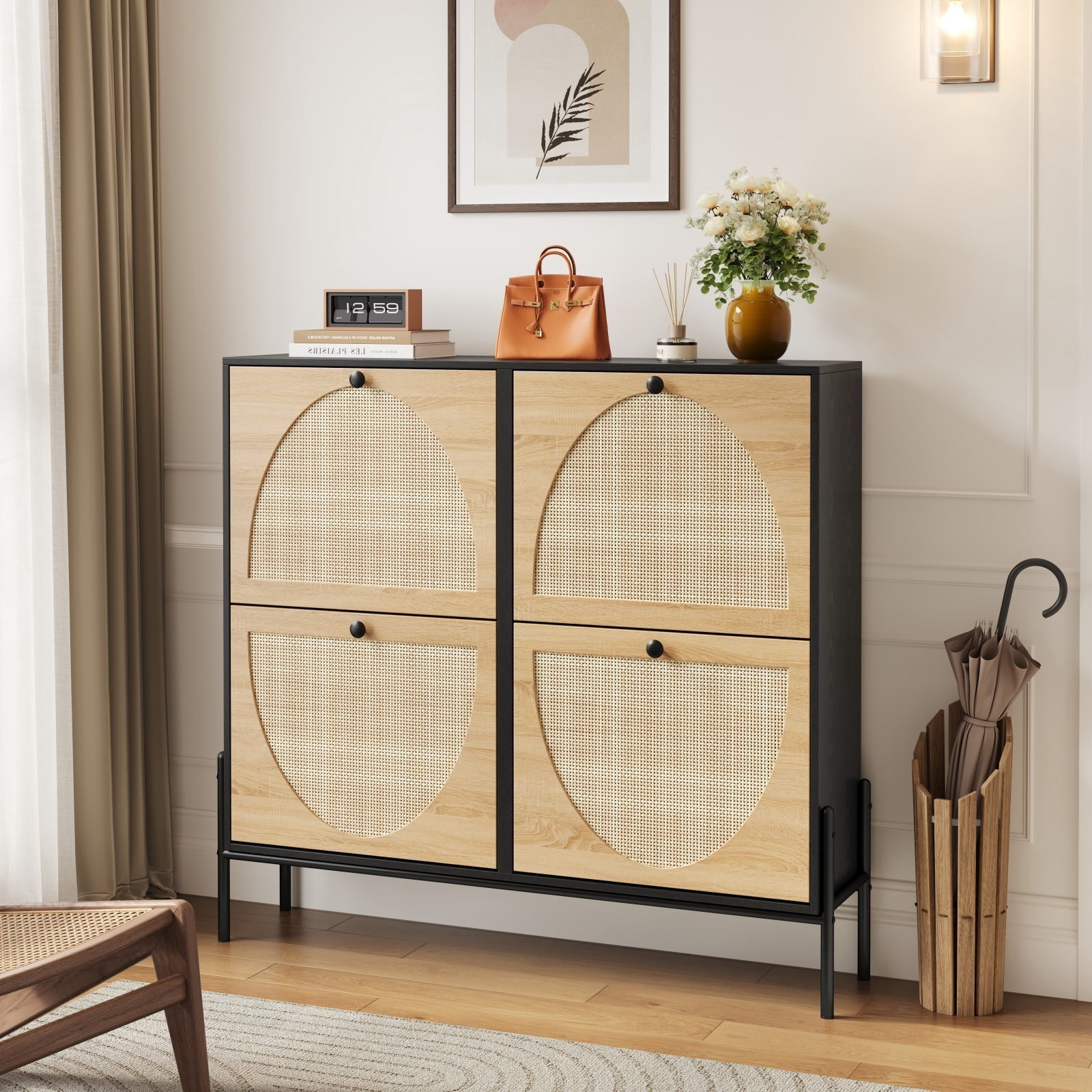 Rattan Shoe Cabinet with 4 Flip Drawers, Narrow Entryway Shoe Storage Organizer for Hallway Living Room, Black