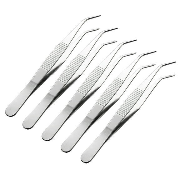 Unique Bargains 5 Pcs 5.5-Inch Stainless Steel Tweezers with Curved Pointed Serrated Tip