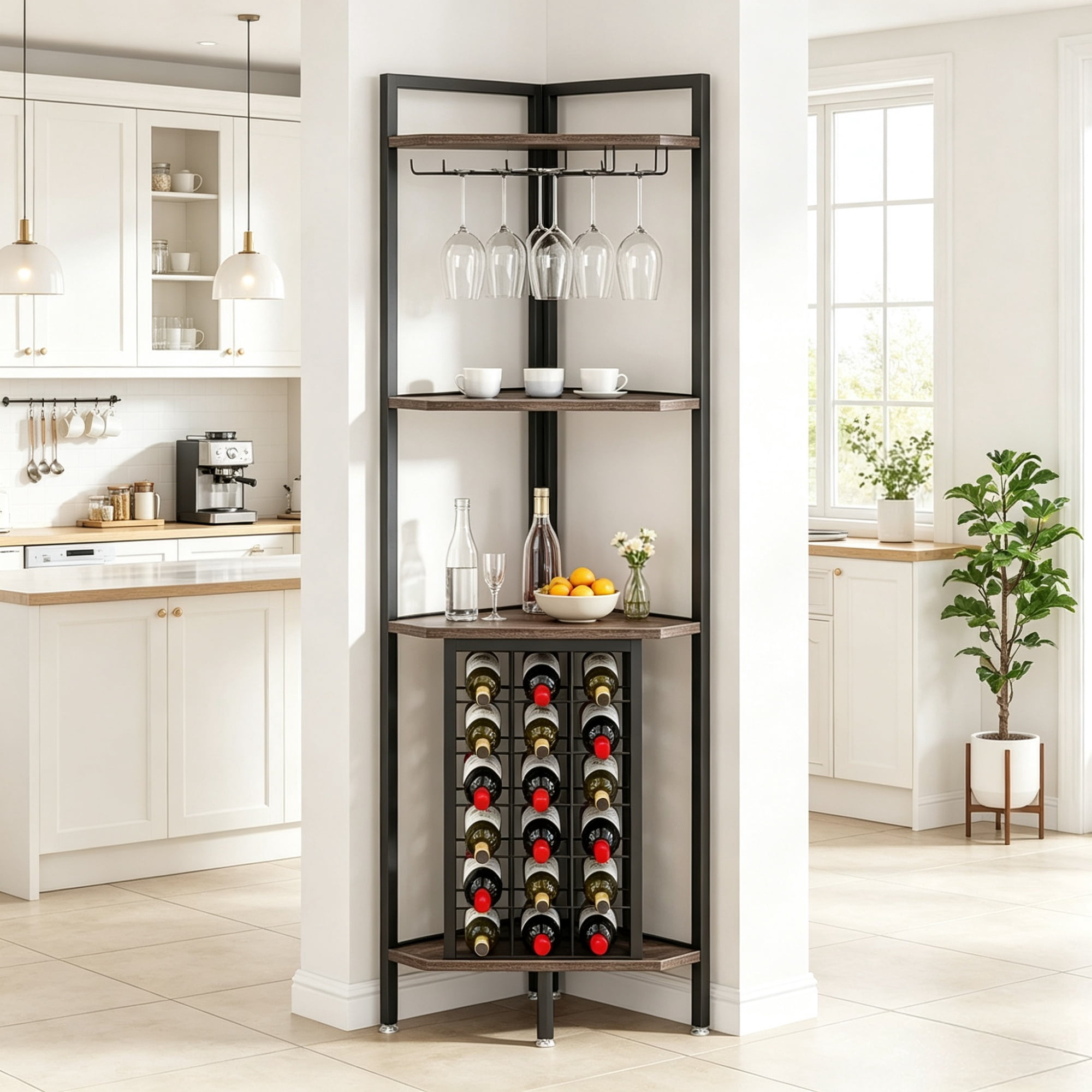 4 Tier Corner Wine Rack with Glass Holder, Storage Shelves and Bottle Display