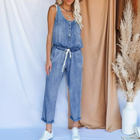 

Dasayo Navy Elegant Jumpsuits for Women Womens Casual Off Shoulder Denim Jeans Pocket Sleeveless Jumpsuits Rompers