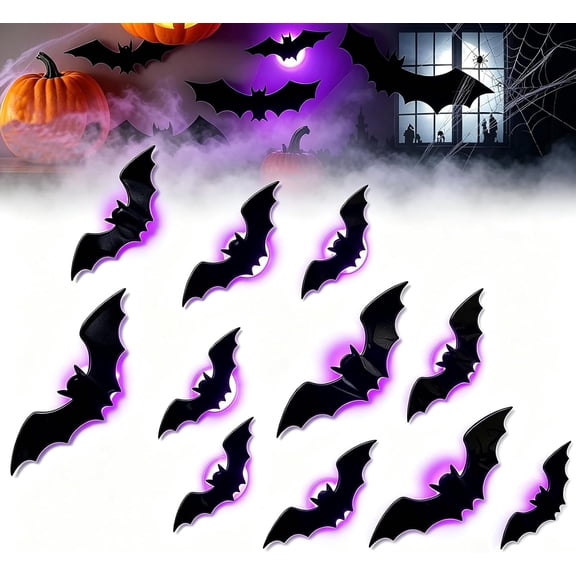3D Bat LED Decoration, Lighted Halloween Bat Wall Decor, Glowing Hanging Bat Decorations for Indoor Outdoor Windows, Bedroom, Party and Halloween Decor