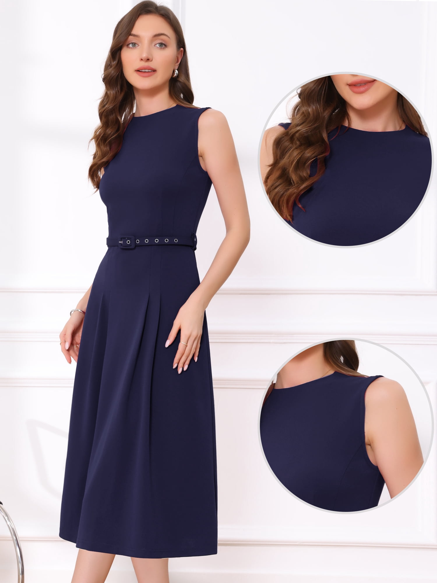 DARING DIVA Women's Sleeveless Crew Neck High Waist A-Line Dress L Navy Blue