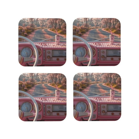 

Drink Coasters Set of 4 Vintage Pink Drive View Leather Coasters for Coffee Table Protector Heat Resistant Cute Coasters for Home Decor Housewarming Gifts Bar Kitchen 4 Inch Square