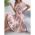 thumbnail image 6 of Lovzfmll Maxi Dress for Women, Crew Neck Short Sleeve with Batwing Sleeve & Tie Waist, Casual Pleated Dress Pink, M, 6 of 9
