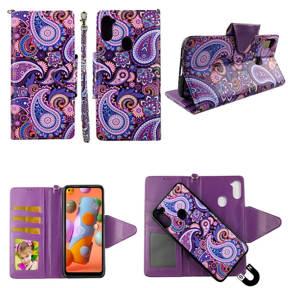 Purple Paisley Case for Samsung Galaxy A11 / M11 Magnetic Detachable Pu Leather Wallet Cover Flap Closure and Snap-on Book Style Cases Card Holders Wrist Strap 2 in 1 Folio