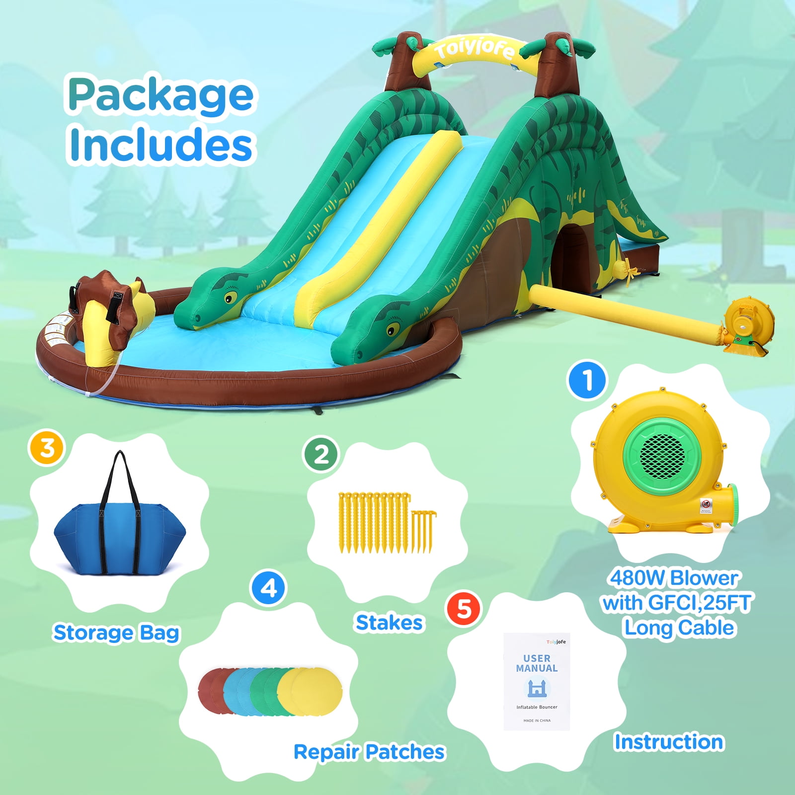 Toiyjofe Dinosaur Inflatable Water Slide Bounce House with GFCI Blower, Outdoor Backyard Water Park for Kids Ages 3-10, Dual Slides and Splash Pool