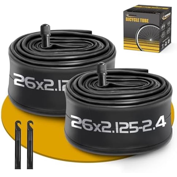2 Pack 26 Inch Bike Tube AV32mm Schrader Valve, 26" Bicycle Tube for 26 x 2.125/2.20/2.25/2.30/2.35/2.40 Bike Tire, Butyl Rubber Inner Tube with 2 Tire Levers for Mountain MTB Bike
