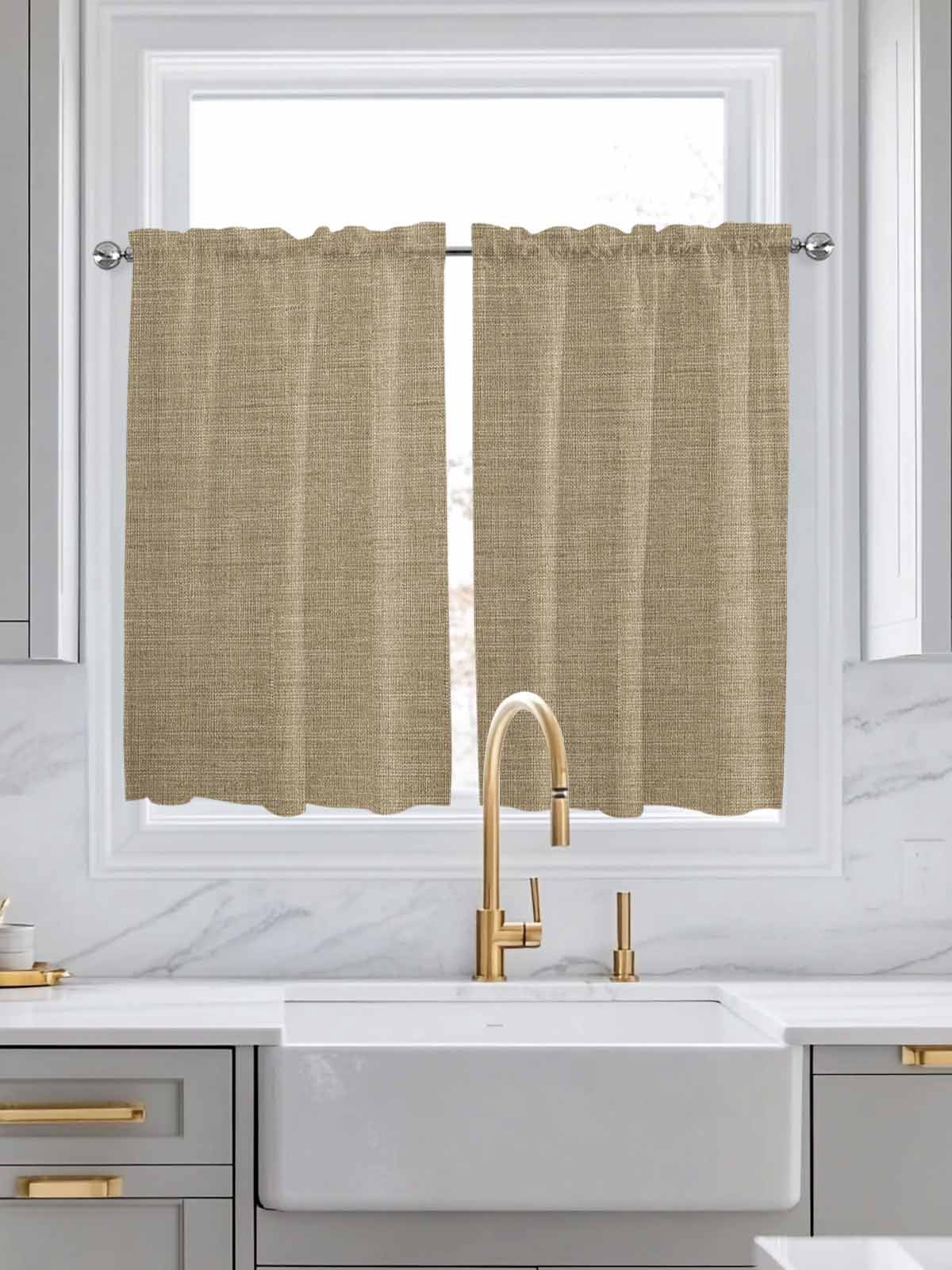 Beige Kitchen Curtains 45 Inches length, Farmhouse Burlap Solid Brown Color Modern Linen Texture Window Treatment Curtain Drapes, Lightweight Window Panels for Living Room Bedroom, 52"x45", 2 Panels