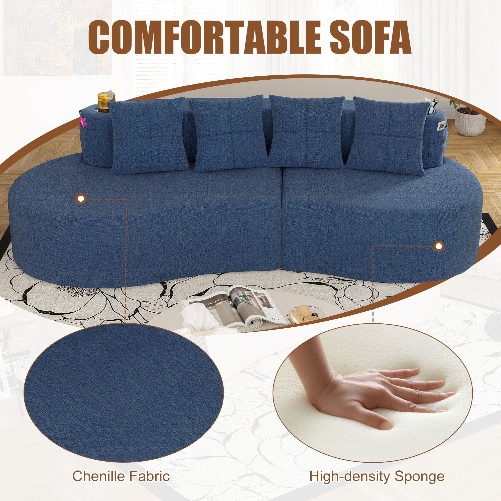Sailvan Modern Curved Sectional 3 Seat Sofa,Minimalist Half Moon Modular Couch for Living Room,Office and Apartment,Soft Chenille Fabric Navy