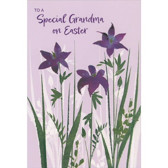 Pictura Three Metallic Purple Flowers and Metallic Green Stems Easter Card for Grandma