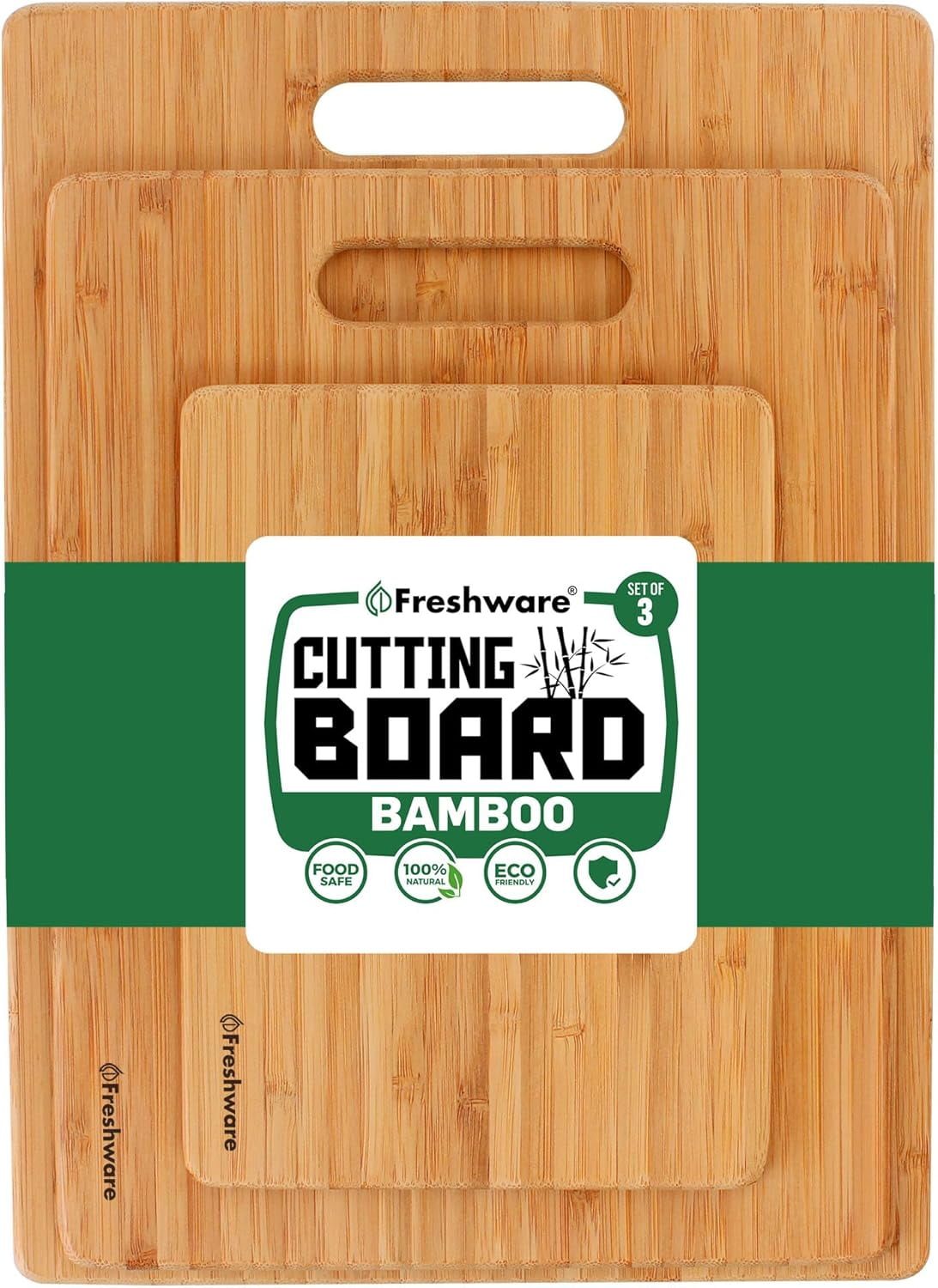 Freshware Wood Cutting Boards - Bamboo Set with Juice Grooves and Easy Grip Handle, 3 Sizes 9x6, 12x8, 15x10