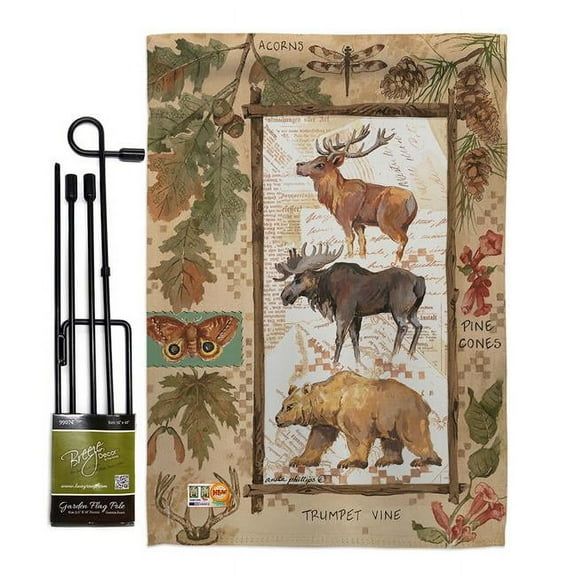Breeze Decor BD-WL-GS-110109-IP-BO-D-US18-SB 13 x 18.5 in. Woodland Adventures Nature Wildlife Vertical Double Sided Mini Garden Flag Set with Banner Pole