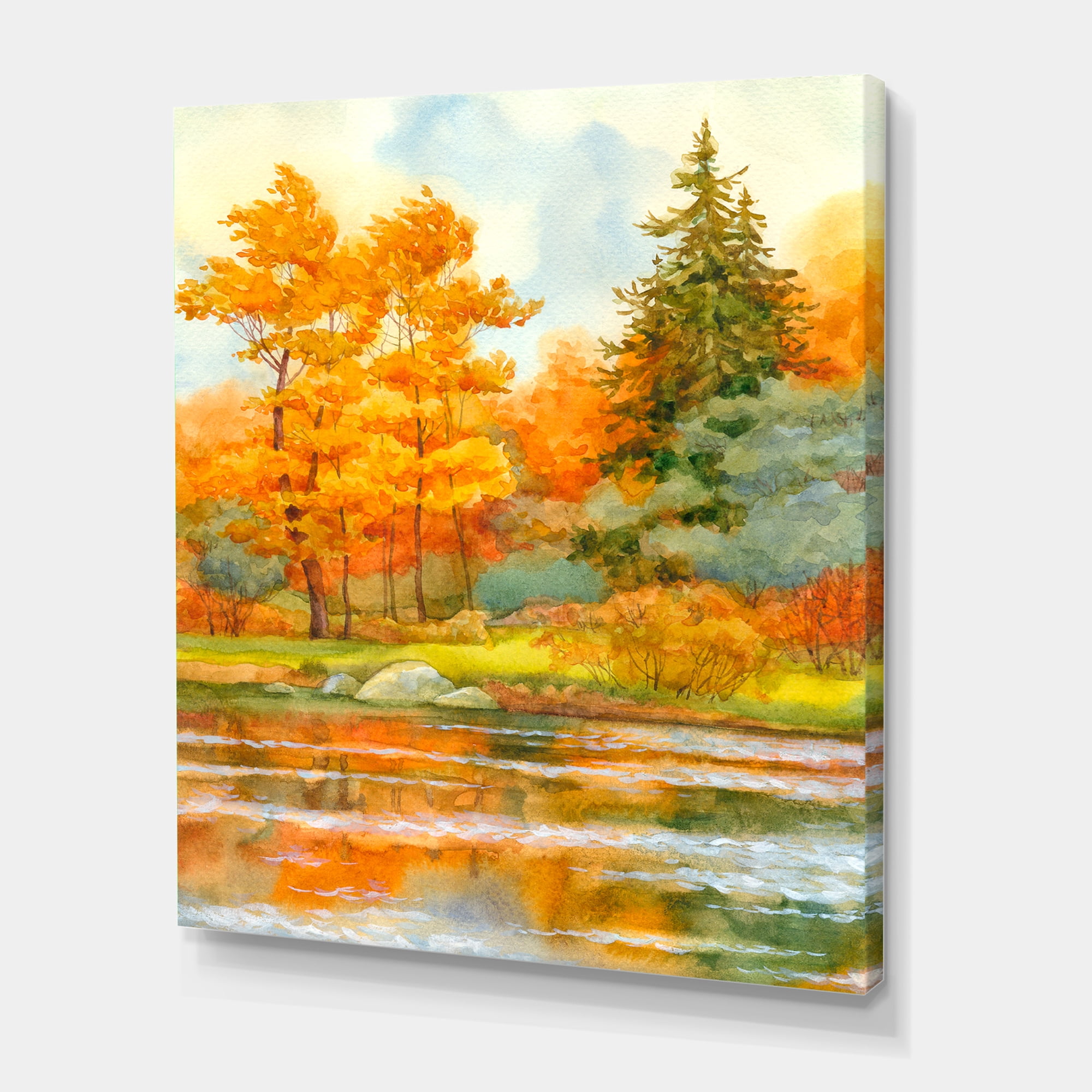 Designart ' Autumn Forest By The Lake Side IV ' Lake House Canvas Wall Art Print