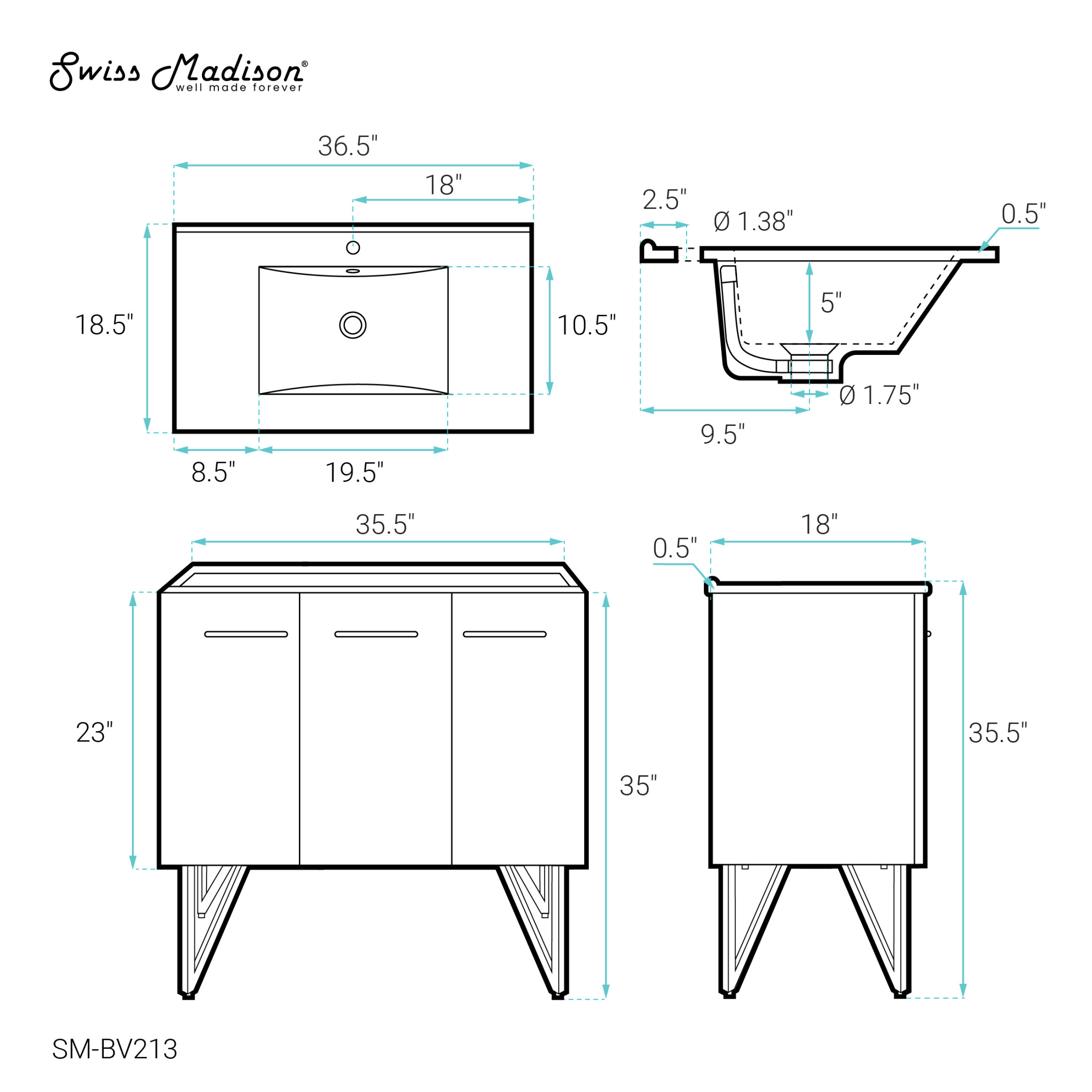Annecy 36" Freestanding Bathroom Vanity in White with Sink Top