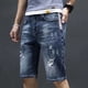 thumbnail image 3 of Pantalones cortos de mezclilla para hombre, pantalones vaqueros cortos rectos para hombre, pantalones vaqueros vintage de estilo hip hop, ajustados, finos, groseros, de diseñador, desgastados, corte X, 3 of 4
