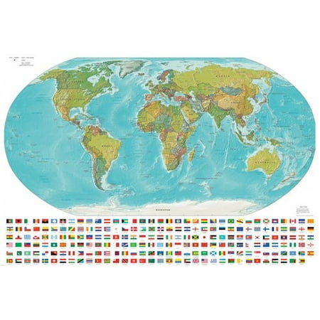 World Map Land And Political Nations Flags Poster Colorful