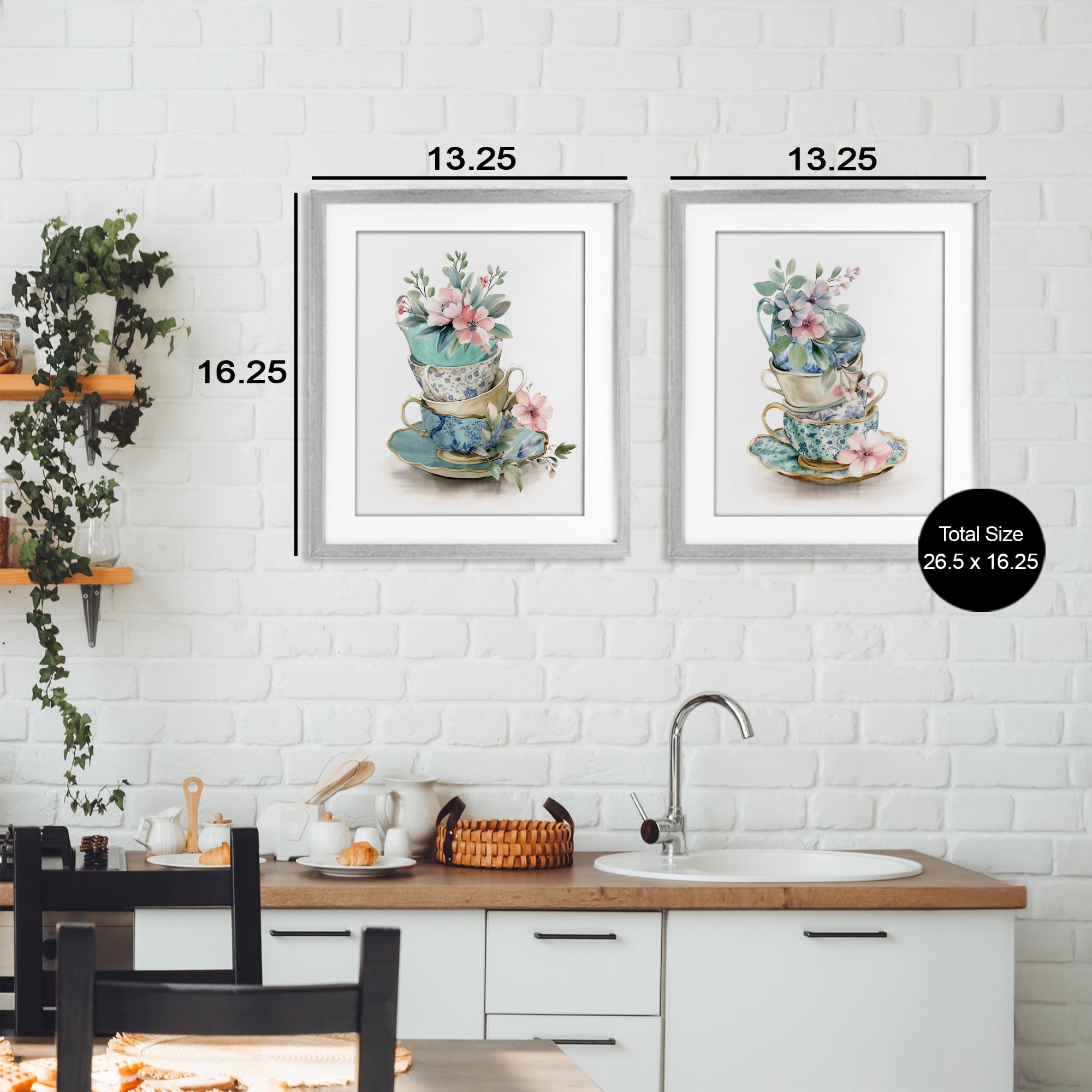 Stupell Industries Stacked Teacup Chinoiserie 2 Piece Gray Framed Print Under Glass Set, design by Kim Allen
